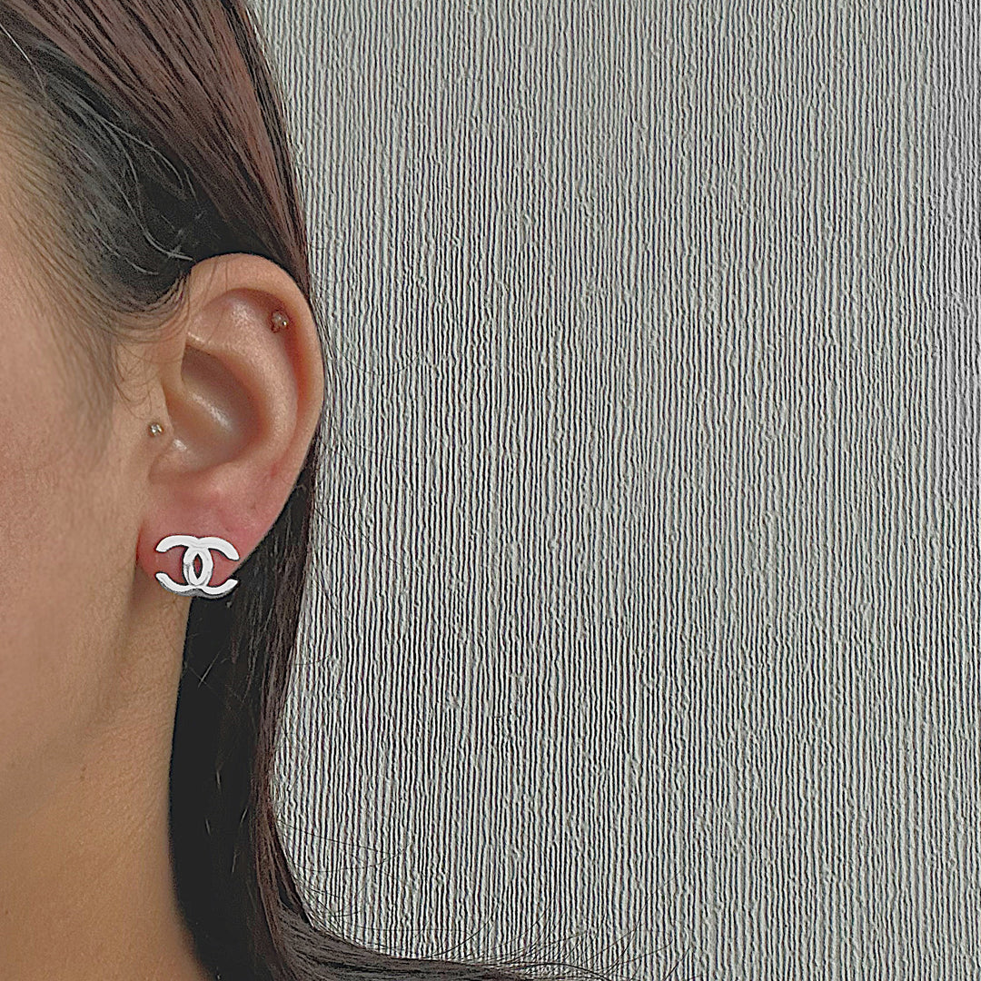 CHANEL CLASSIC. Reworked Silver CC Stud Earrings IMPERFECT