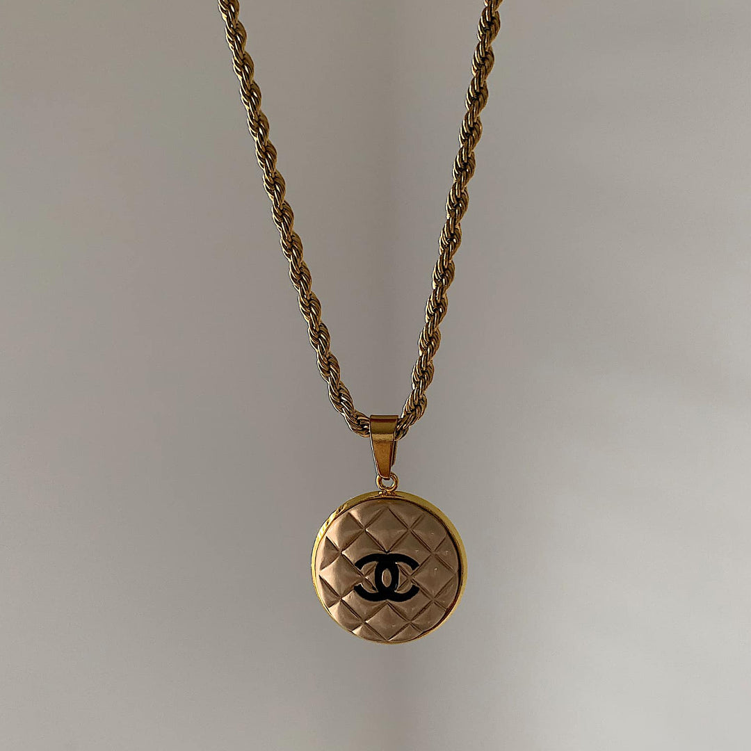 CHANEL OREILLER. Reworked Gold CC Medallion Pendant Necklace