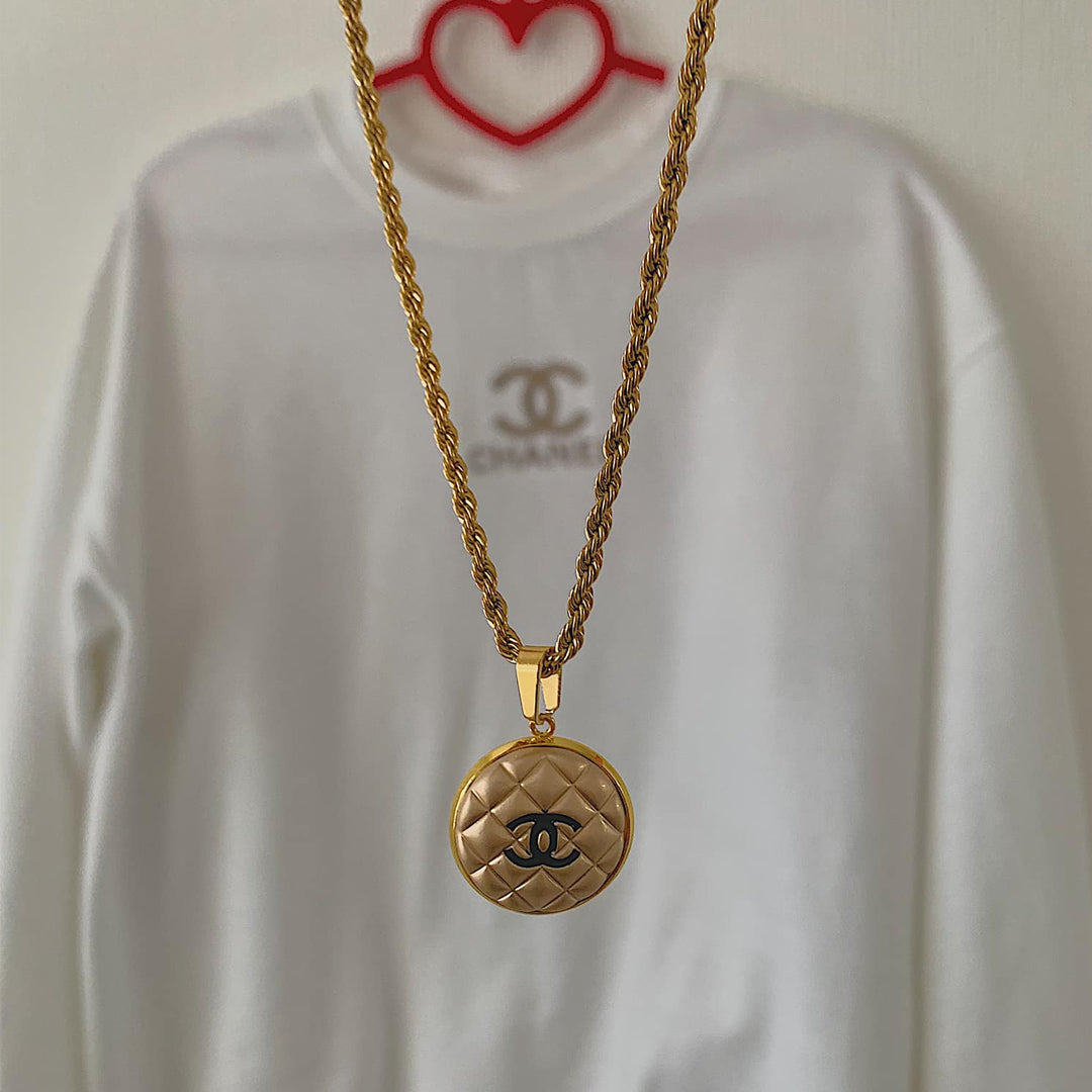 CHANEL OREILLER. Reworked Gold CC Medallion Pendant Necklace