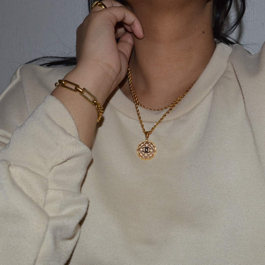 CHANEL OREILLER. Reworked Gold CC Medallion Pendant Necklace
