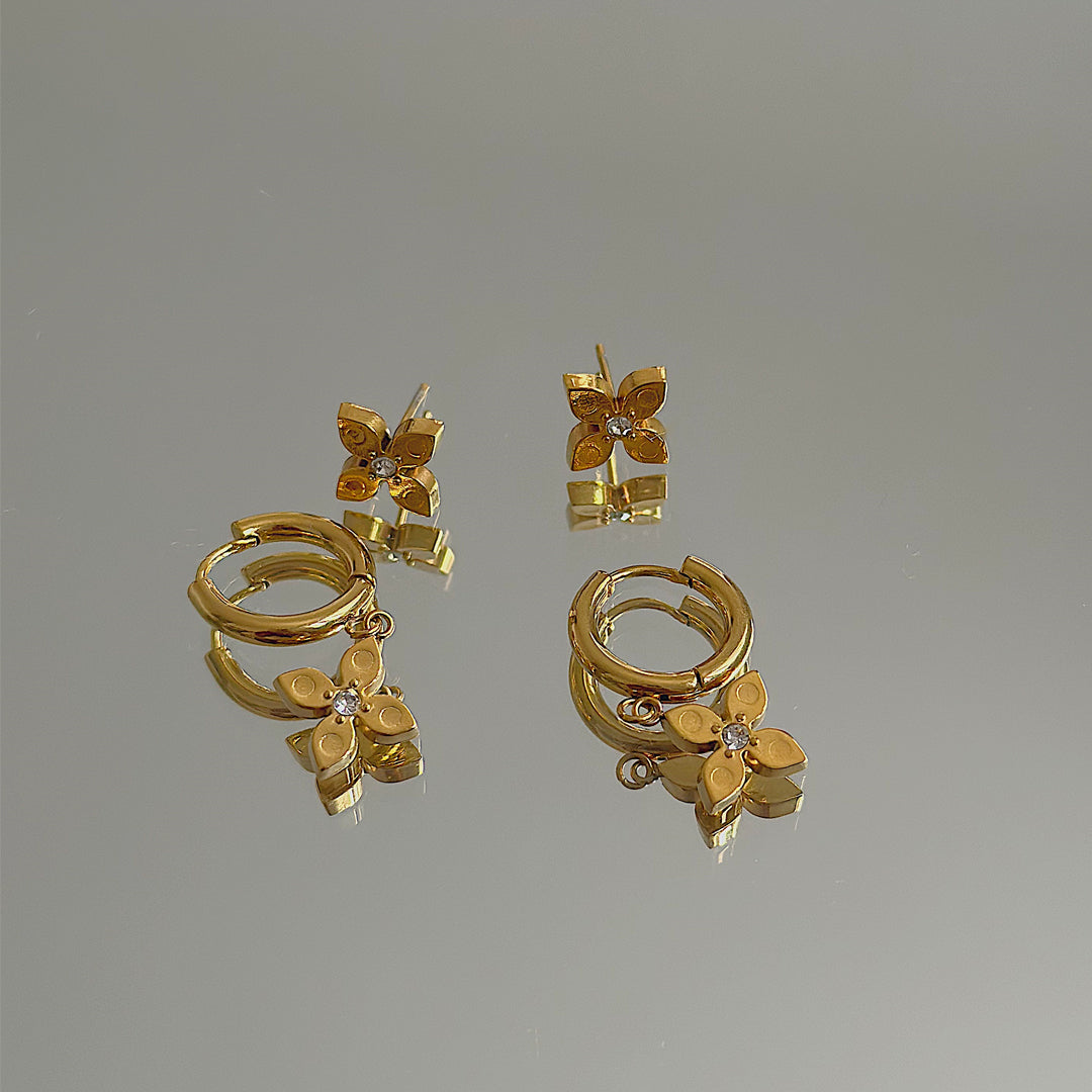 FLEUR DE CRYSTAL. Gold Crystal Clover Earrings Set IMPERFECT