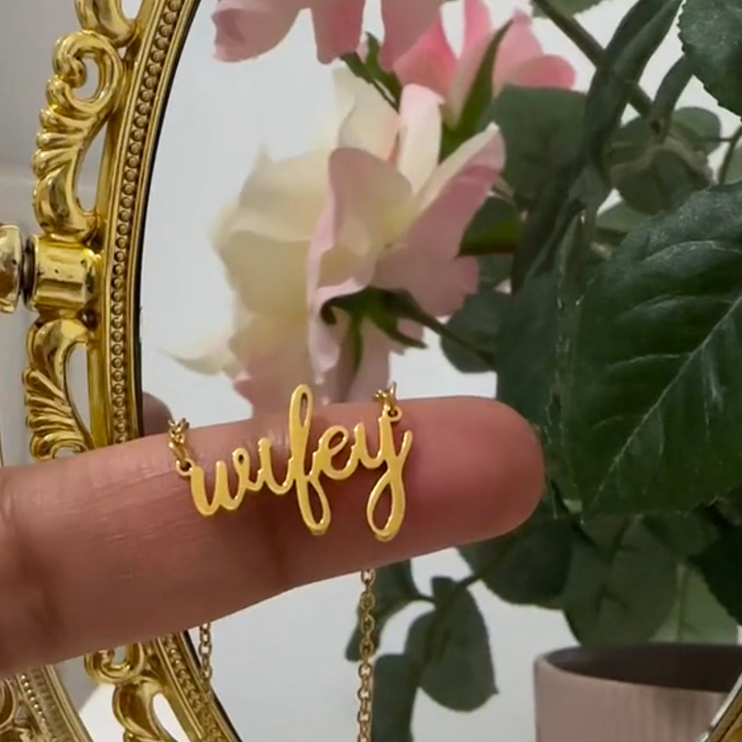 WIFEY. Dainty Gold Script Necklace IMPERFECT
