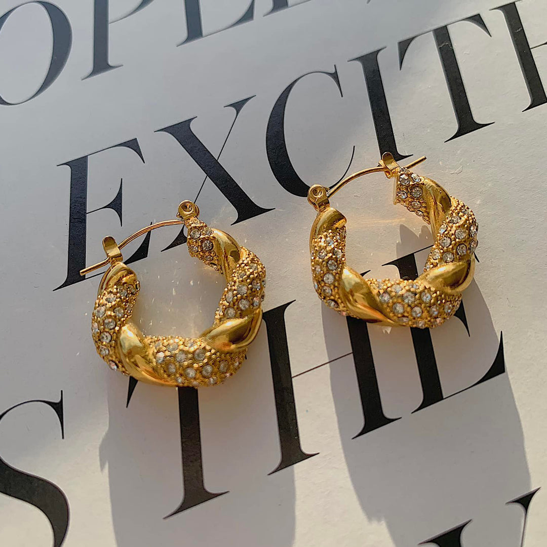HOLLYWOOD. Gold Crystal Twist Croissant Hoop Earrings