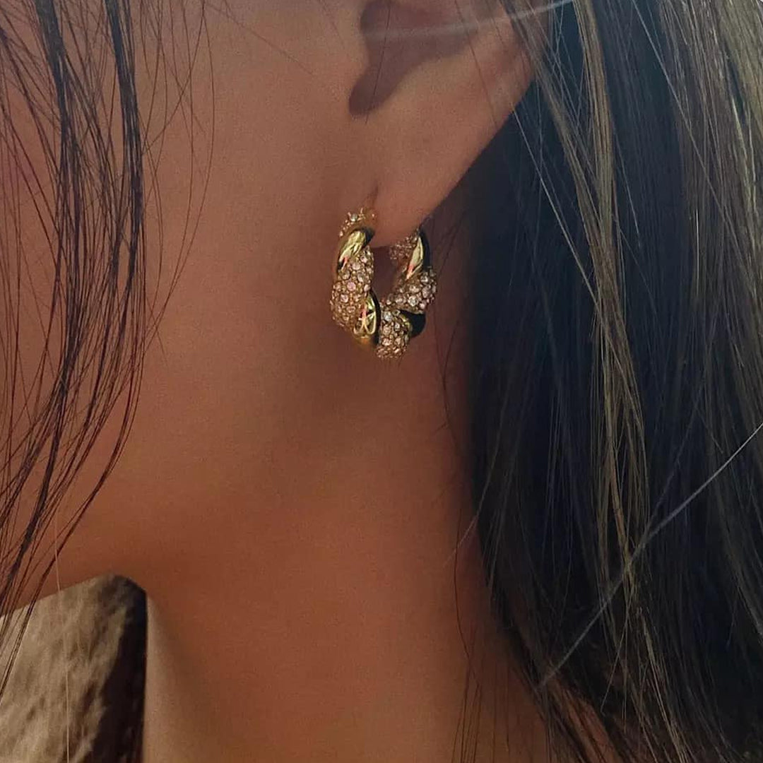 HOLLYWOOD. Gold Crystal Twist Croissant Hoop Earrings