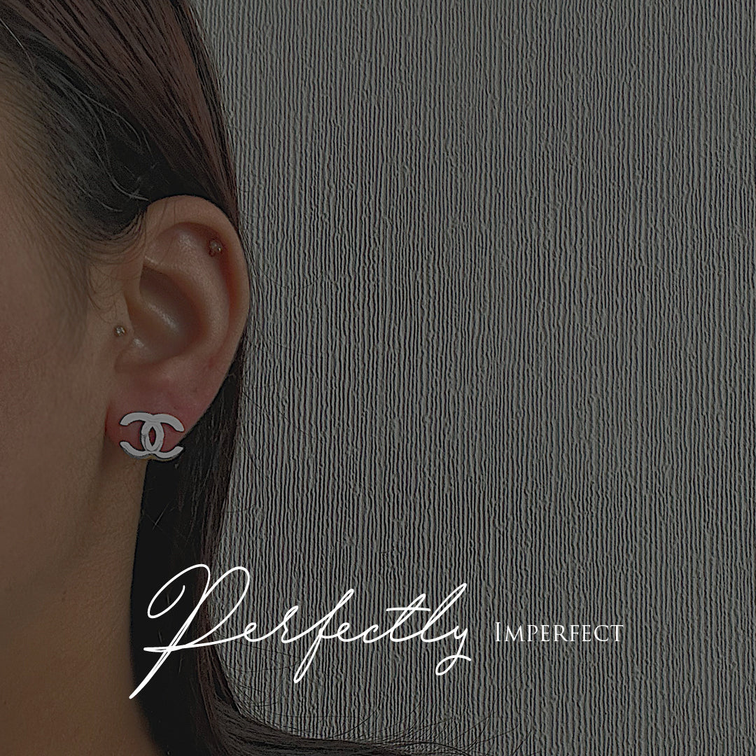 CHANEL CLASSIC. Reworked Silver CC Stud Earrings IMPERFECT