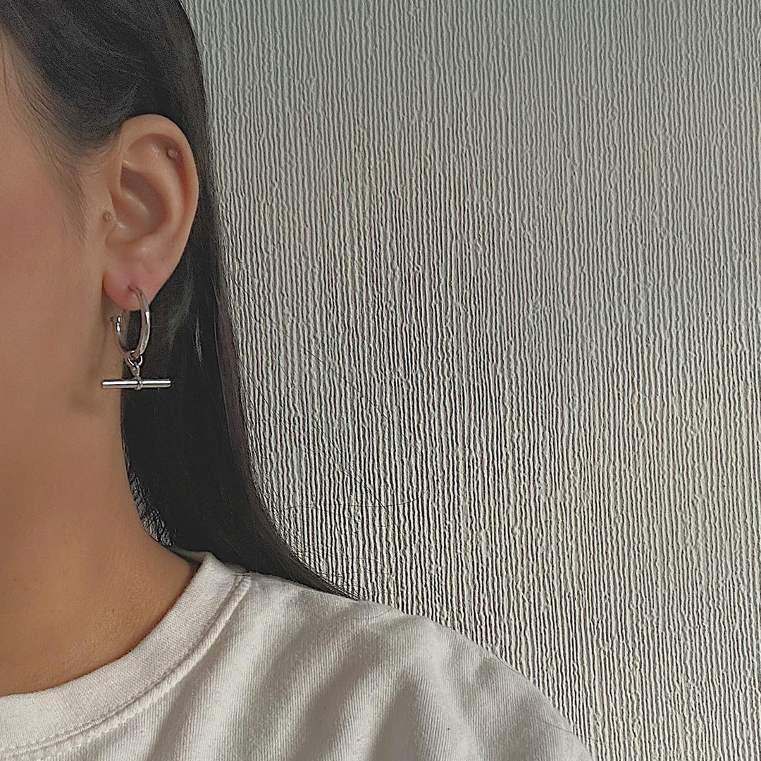 TRIDENT. Silver T Bar Hoop Earrings