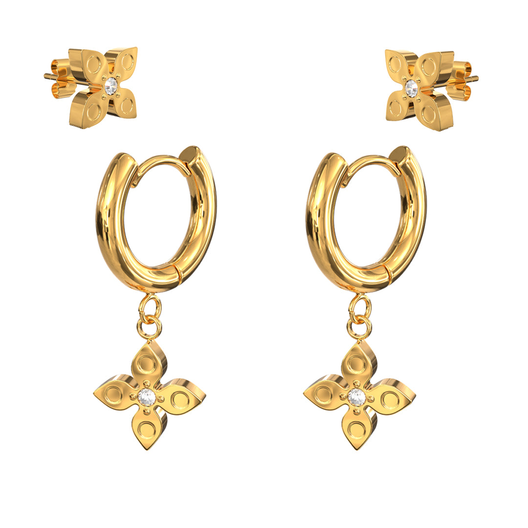 FLEUR DE CRYSTAL. Gold Crystal Clover Earrings Set IMPERFECT