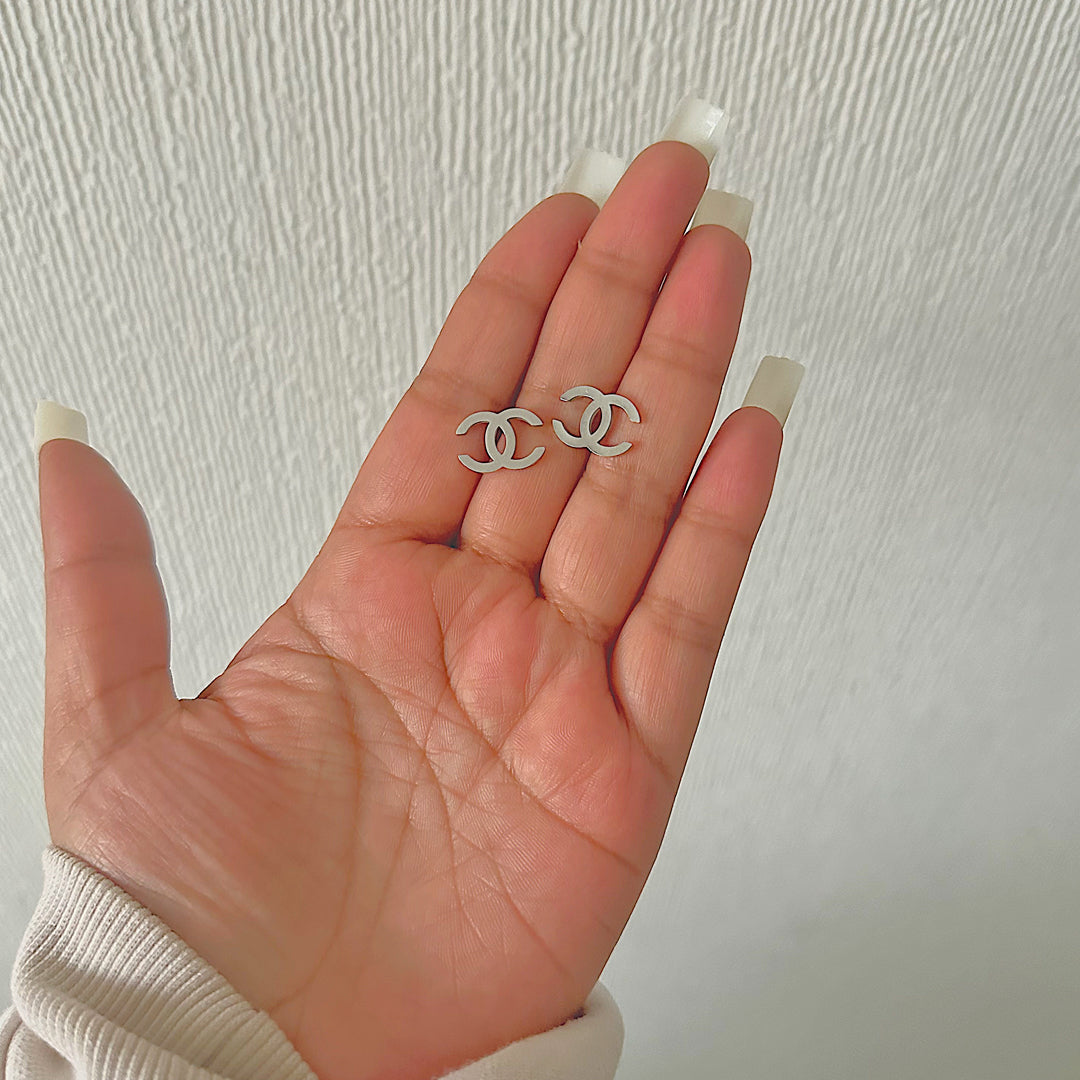 CHANEL CLASSIC. Reworked Silver CC Stud Earrings IMPERFECT