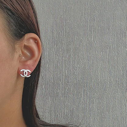 CHANEL CLASSIC. Reworked Silver CC Stud Earrings IMPERFECT