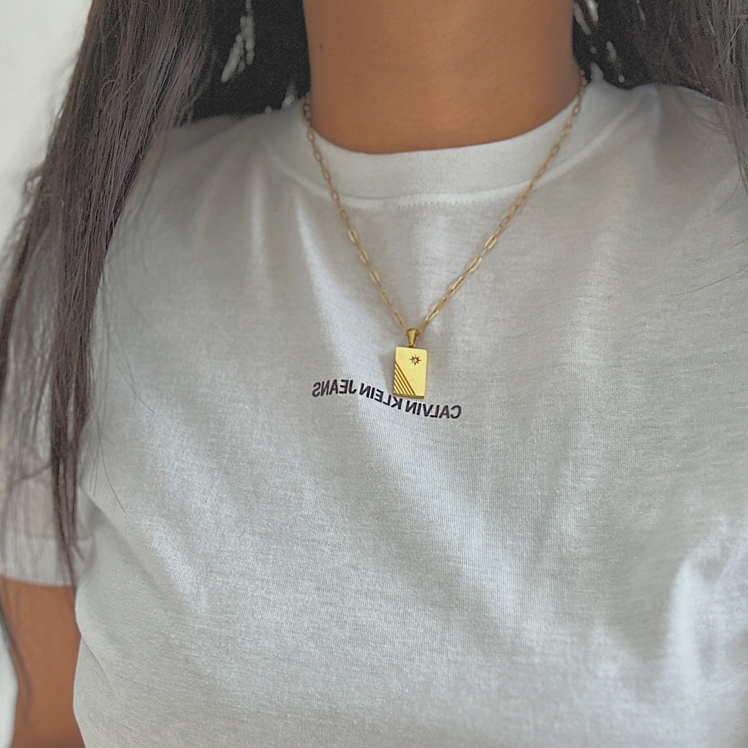 CARTER. Gold Crystal Tag Necklace