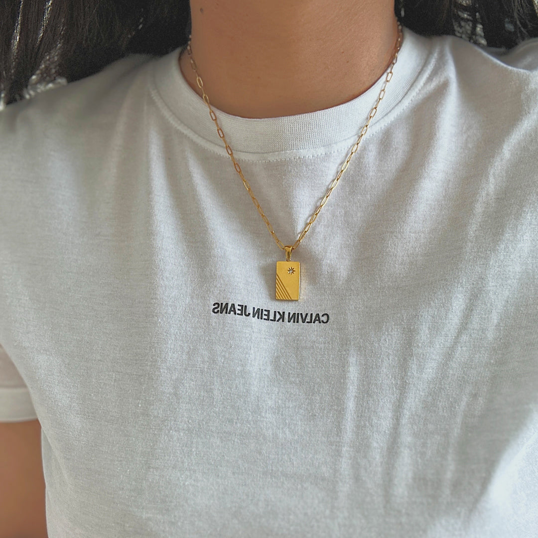 CARTER. Gold Crystal Tag Necklace IMPERFECT