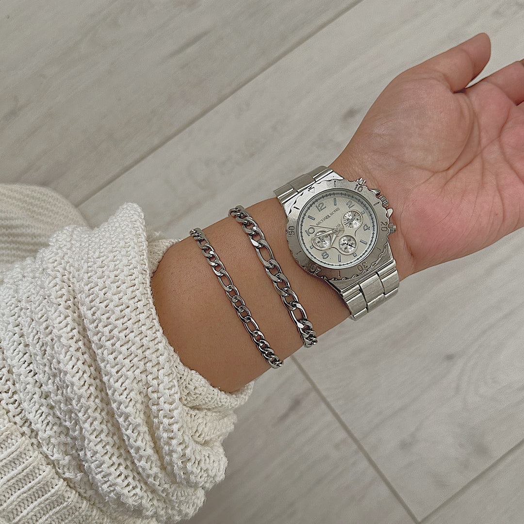 HENRICK. Silver Figaro Chain Bracelet Set