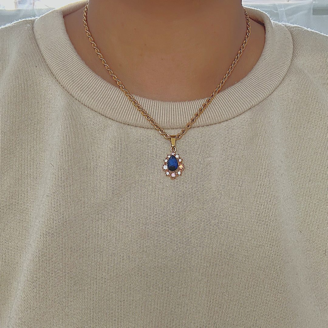 DUCHESS. Navy Blue Crystal Teardrop Pendant Necklace