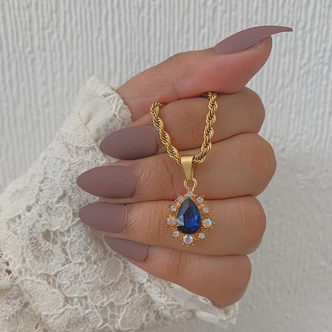 DUCHESS. Navy Blue Crystal Teardrop Pendant Necklace