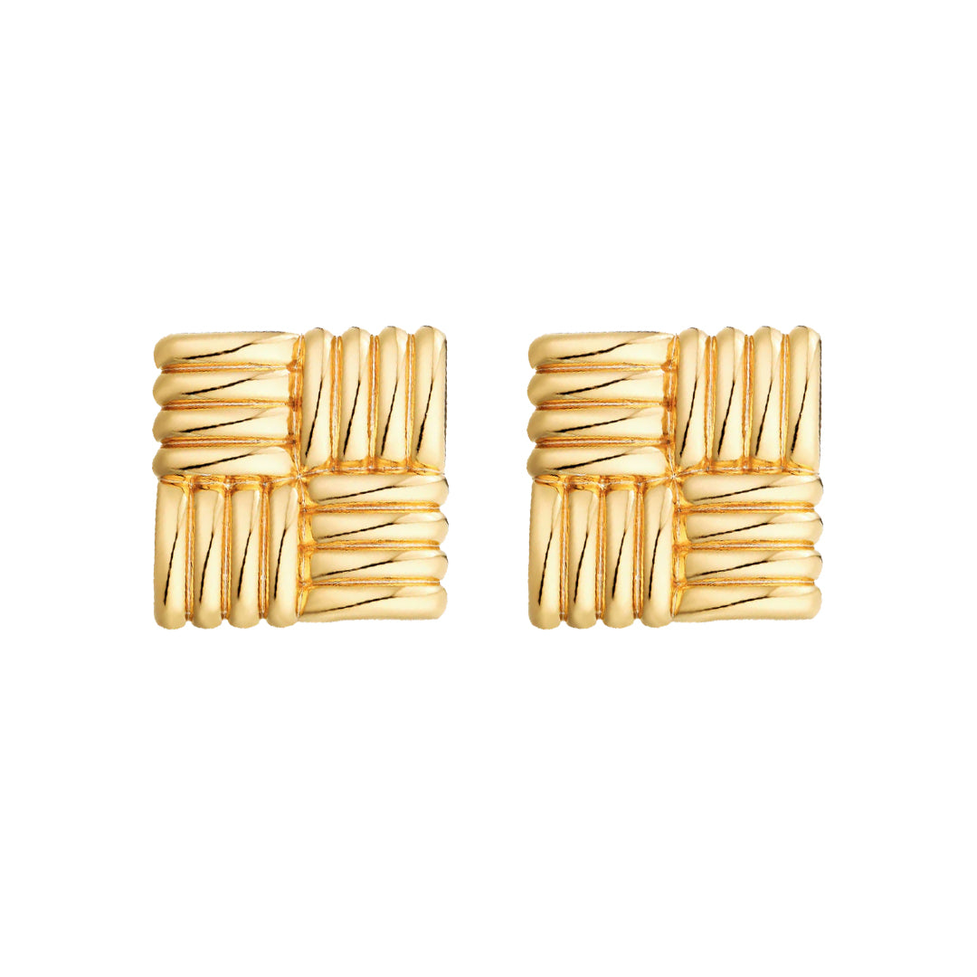DYNASTY. Gold Square Lined Statement Stud Earrings