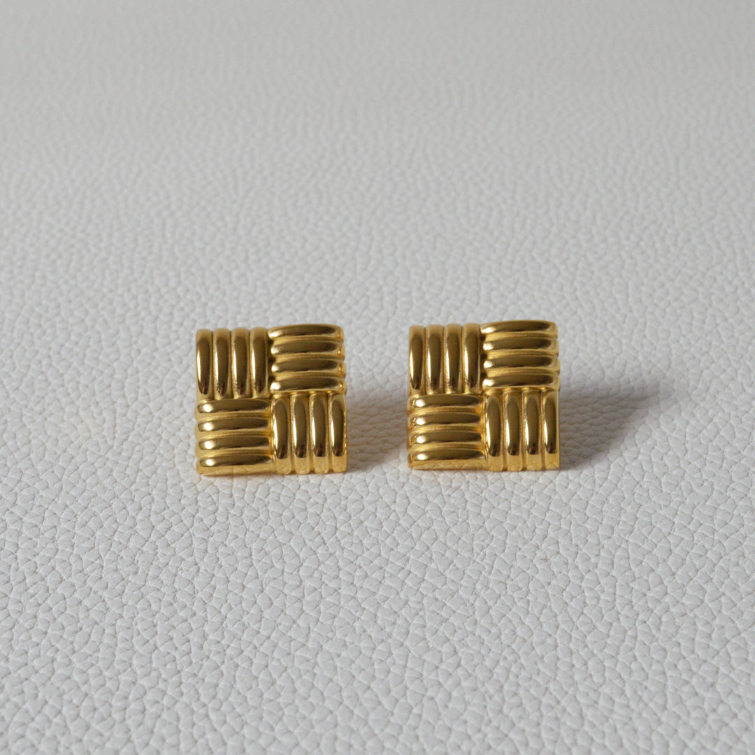 DYNASTY. Gold Square Lined Statement Stud Earrings
