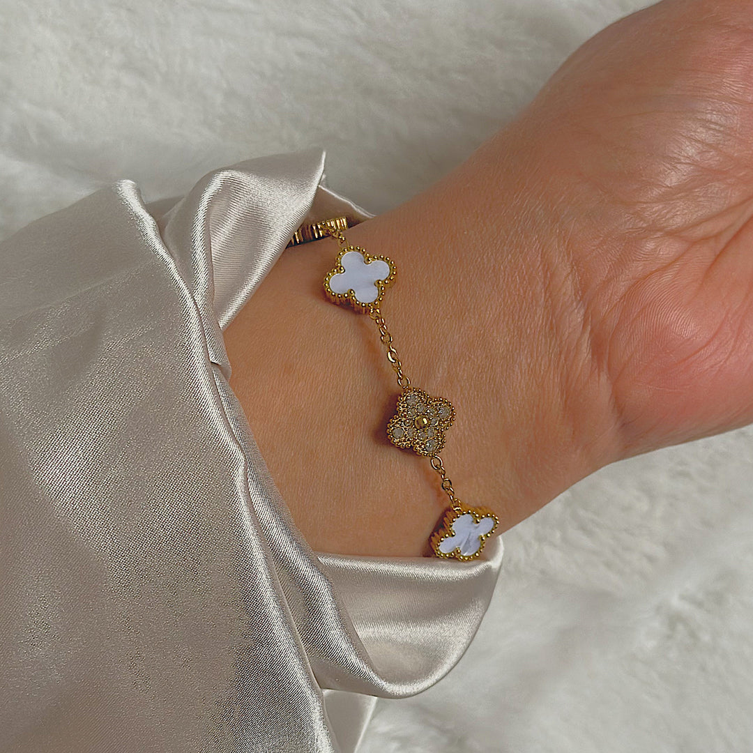 EMPRESS. White Crystal Gold Clover Bracelet