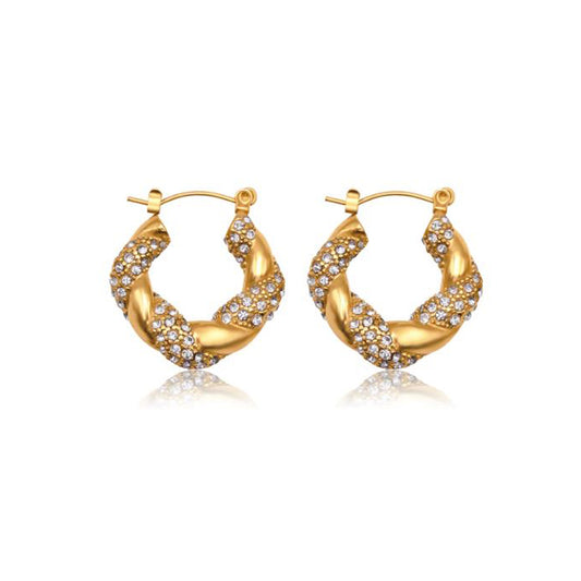 HOLLYWOOD. Gold Crystal Twist Croissant Hoop Earrings