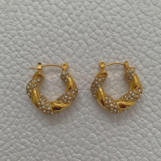 HOLLYWOOD. Gold Crystal Twist Croissant Hoop Earrings