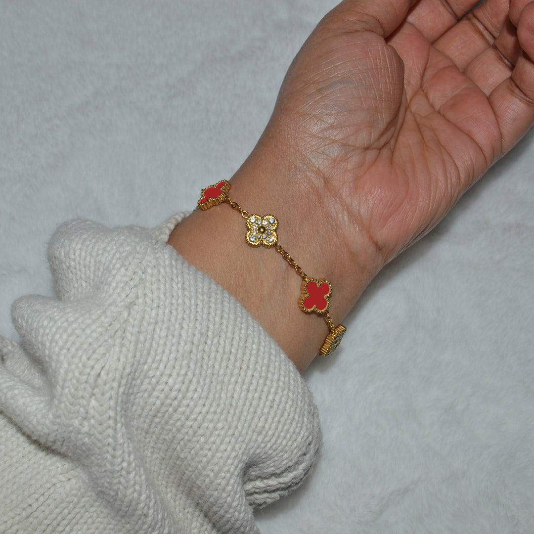 MAHARANI. Red Crystal Gold Clover Bracelet