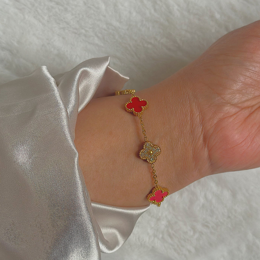 MAHARANI. Red Crystal Gold Clover Bracelet