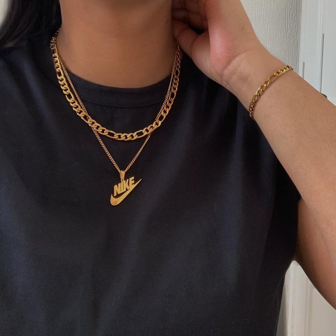 Nike Swoosh Logo Pendant + 20 Link Necklace Gold Plated Stainless Steel