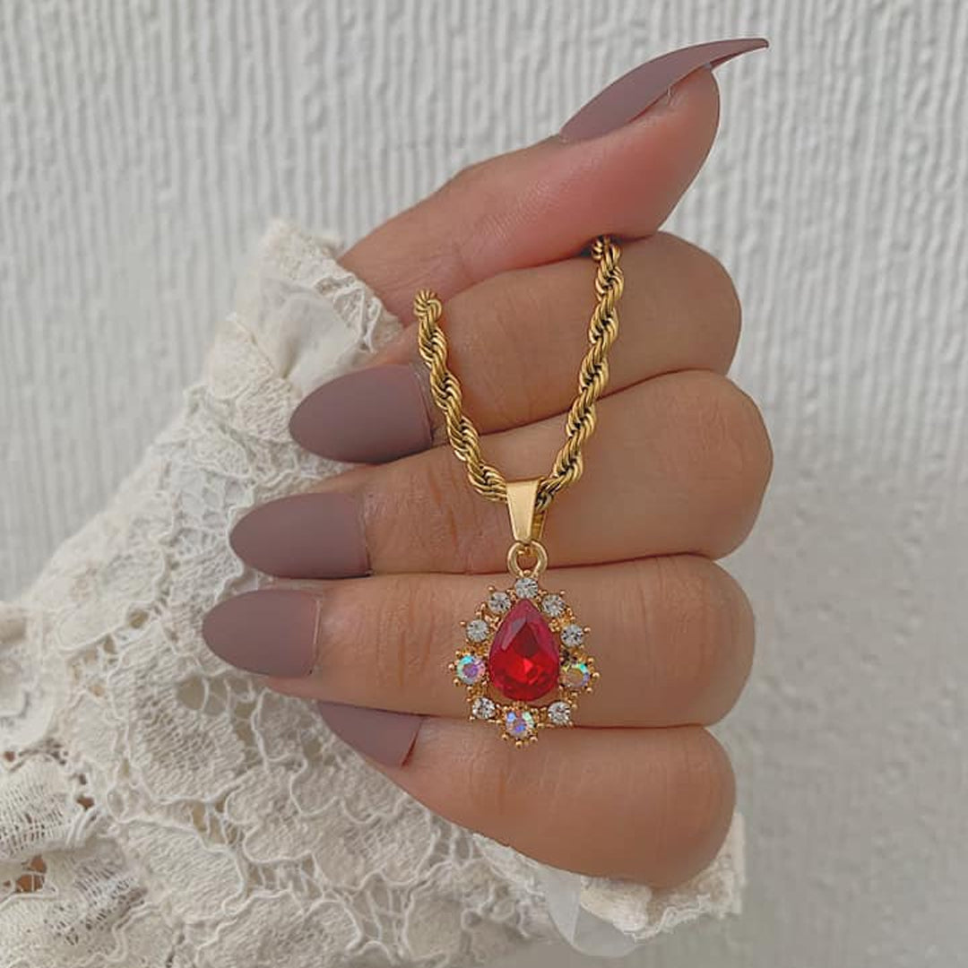 RANI. Ruby Red Crystal Teardrop Necklace