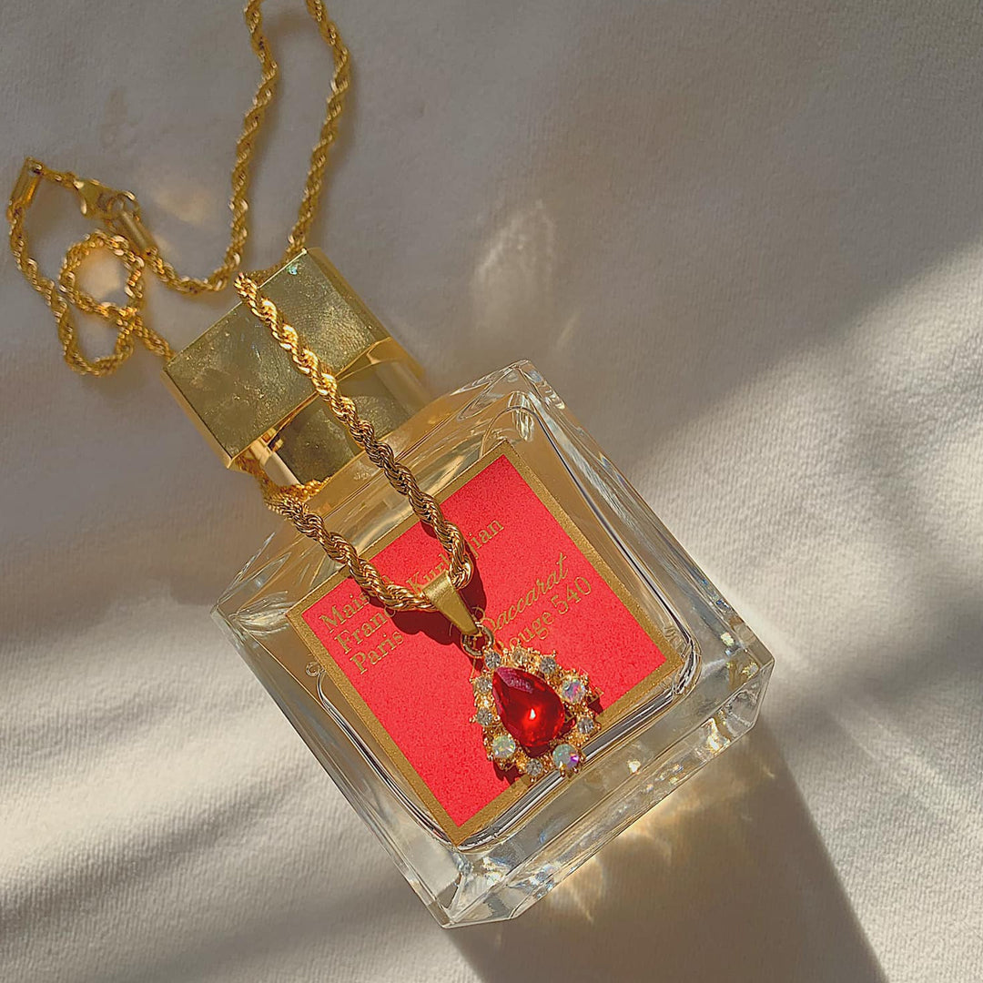 RANI. Ruby Red Crystal Teardrop Necklace
