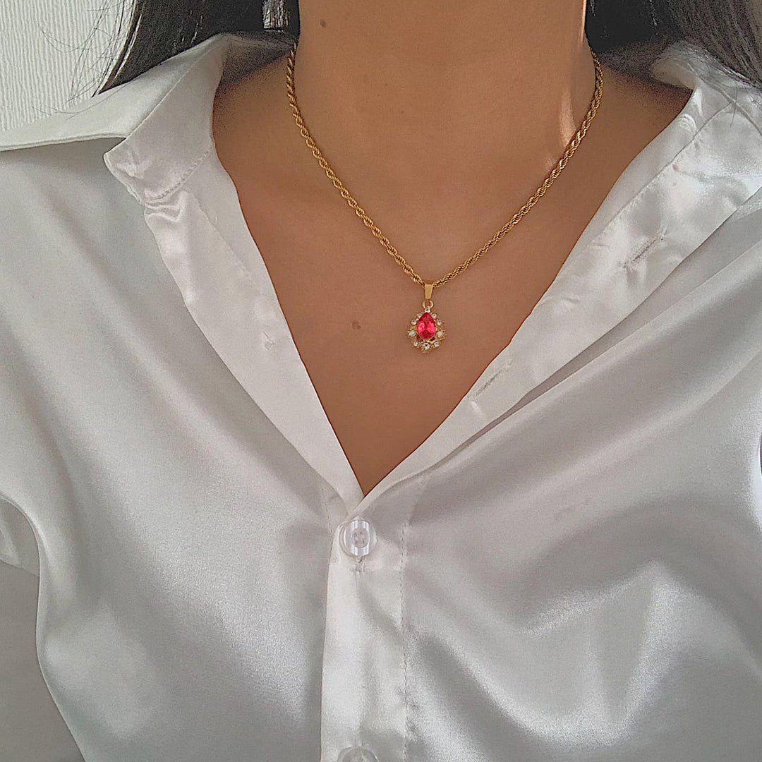 RANI. Ruby Red Crystal Teardrop Necklace