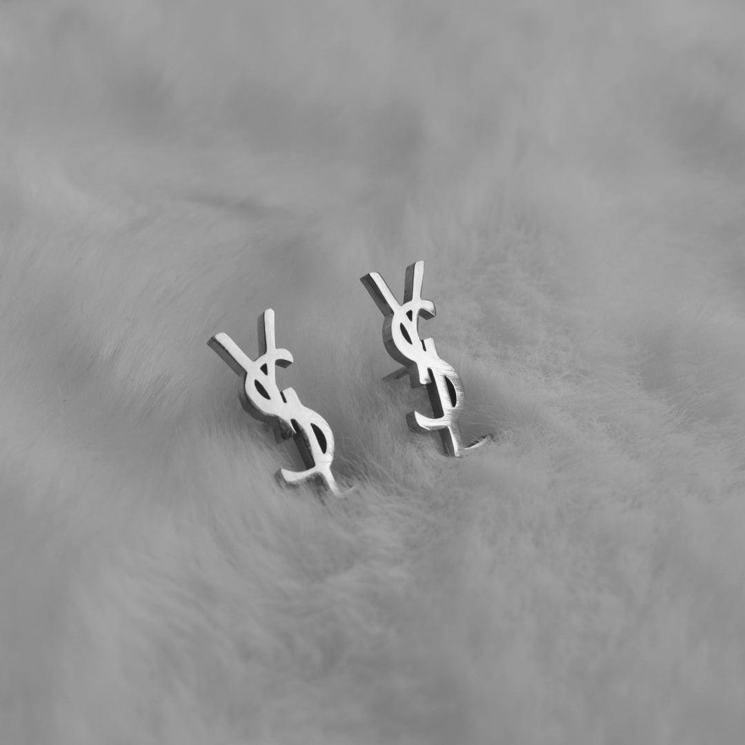 YSL MONOGRAM. Reworked Silver Stud Earrings