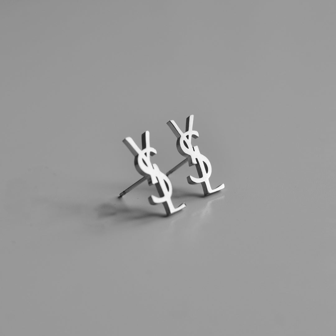 YSL MONOGRAM. Reworked Silver Stud Earrings