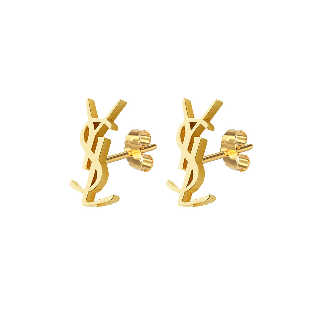 YSL MONOGRAM. Reworked Gold Stud Earrings