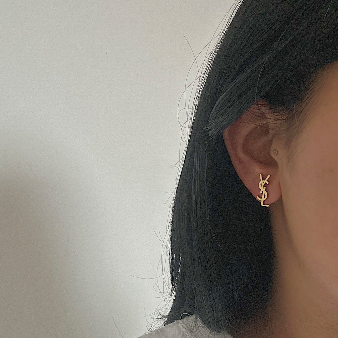 YSL MONOGRAM. Reworked Gold Stud Earrings