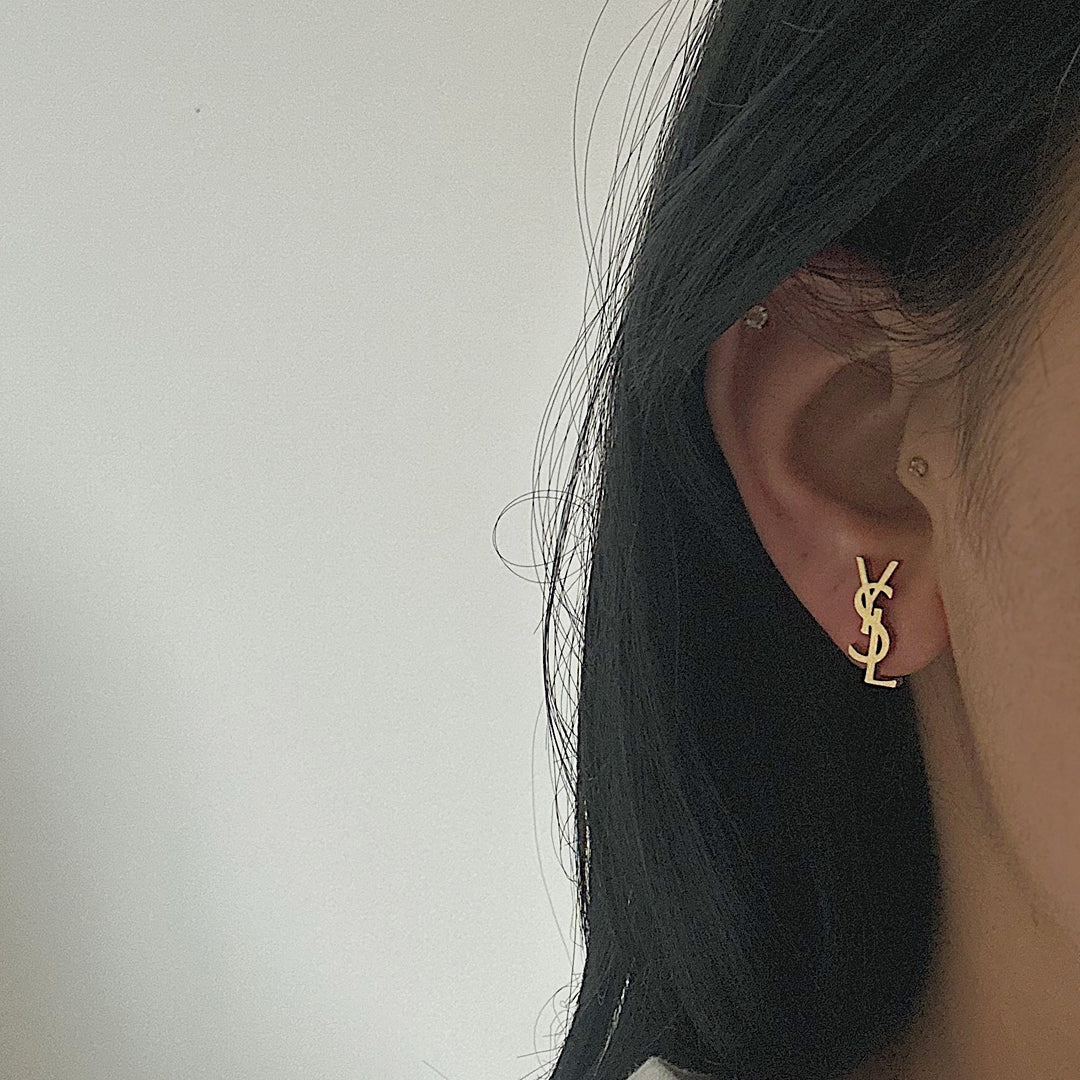 YSL MONOGRAM. Reworked Gold Stud Earrings