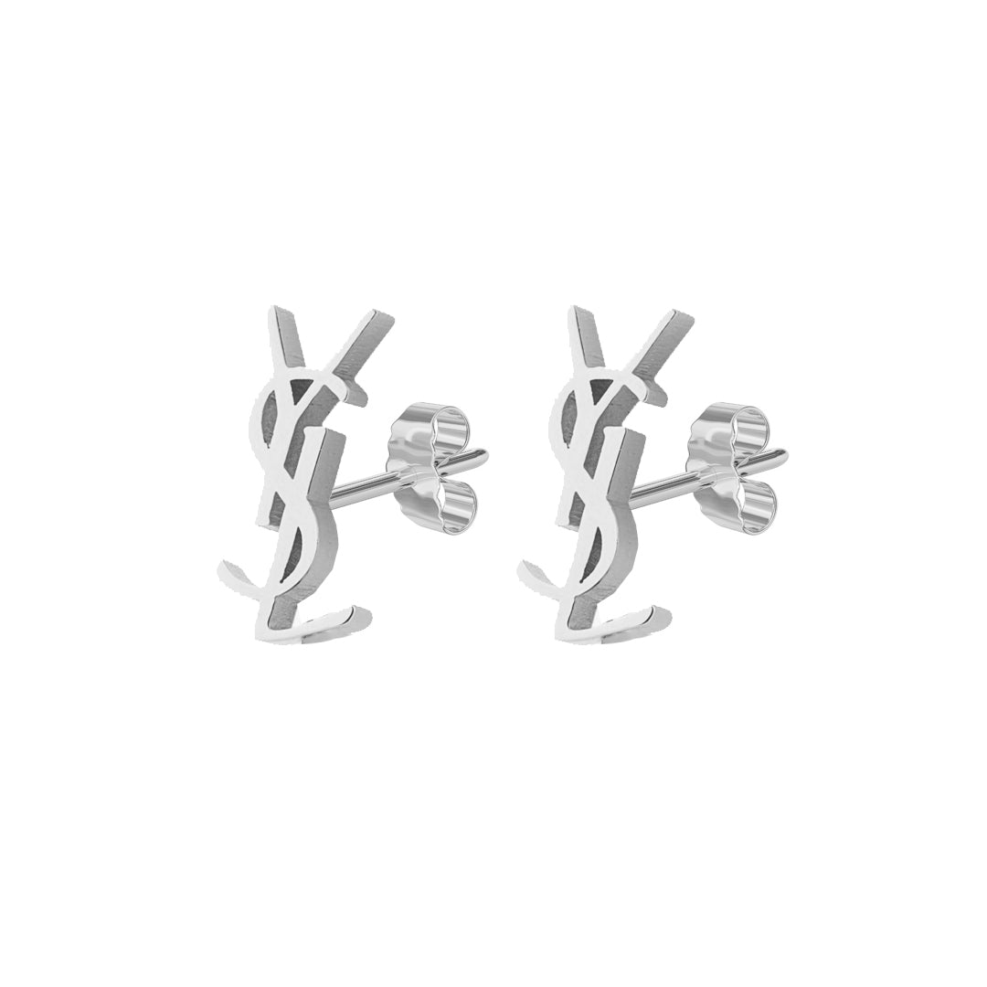 YSL MONOGRAM. Reworked Silver Stud Earrings